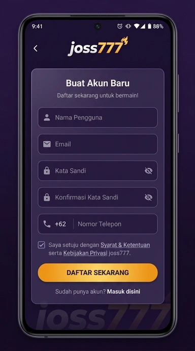 Tampilan halaman daftar joss777